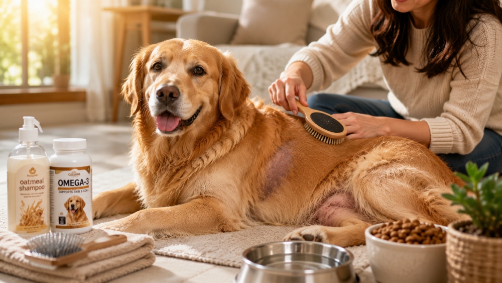Illustration of a dog with a thin coat patch beside a brush, omega oil and a magnifying glass over the skin